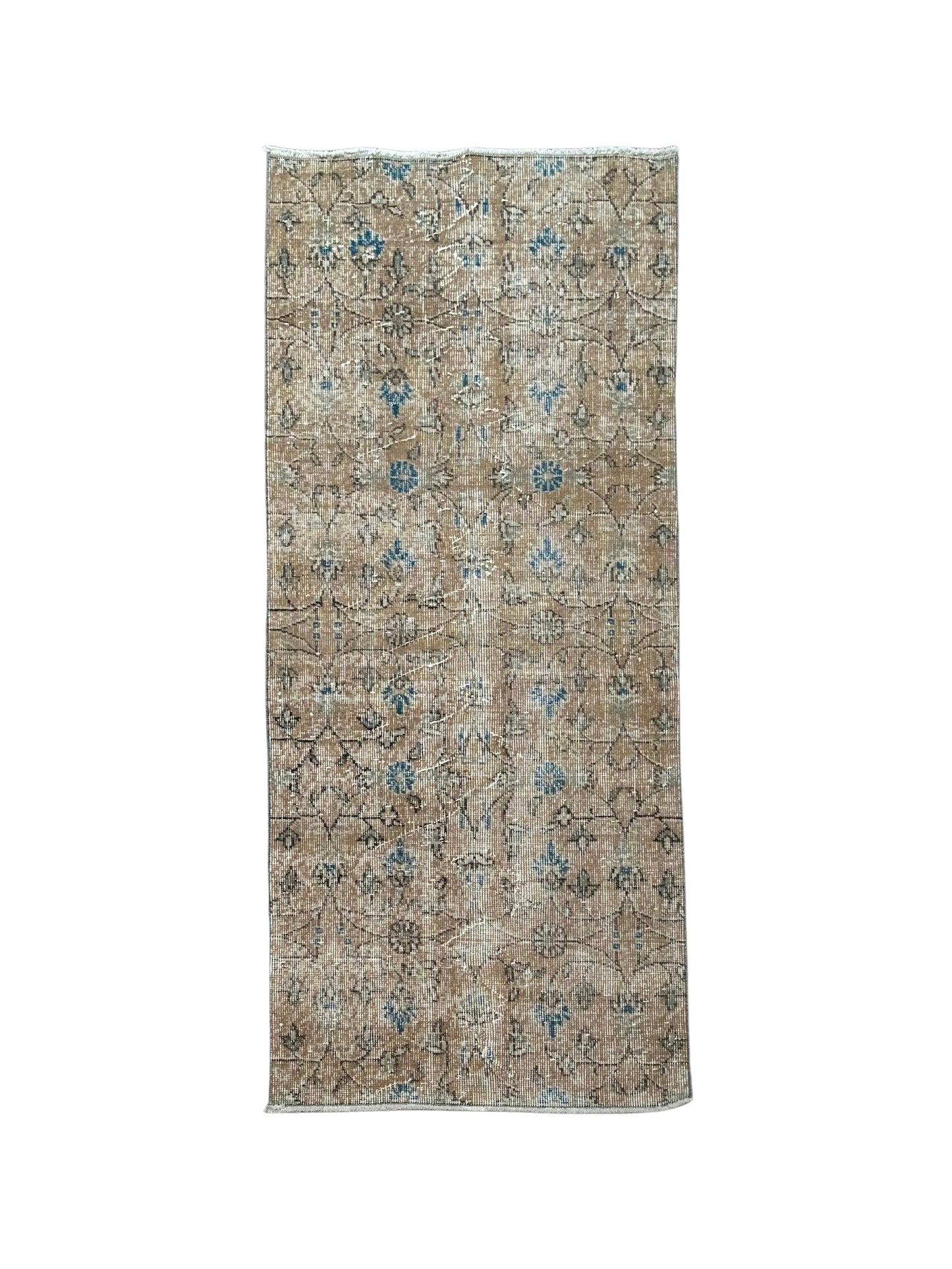 The Vintage Beige and Blue Runner 2x6 features a rectangular, vintage-style design with a faded beige and brown background accented by blue and cream floral and geometric patterns, shown on a white background.