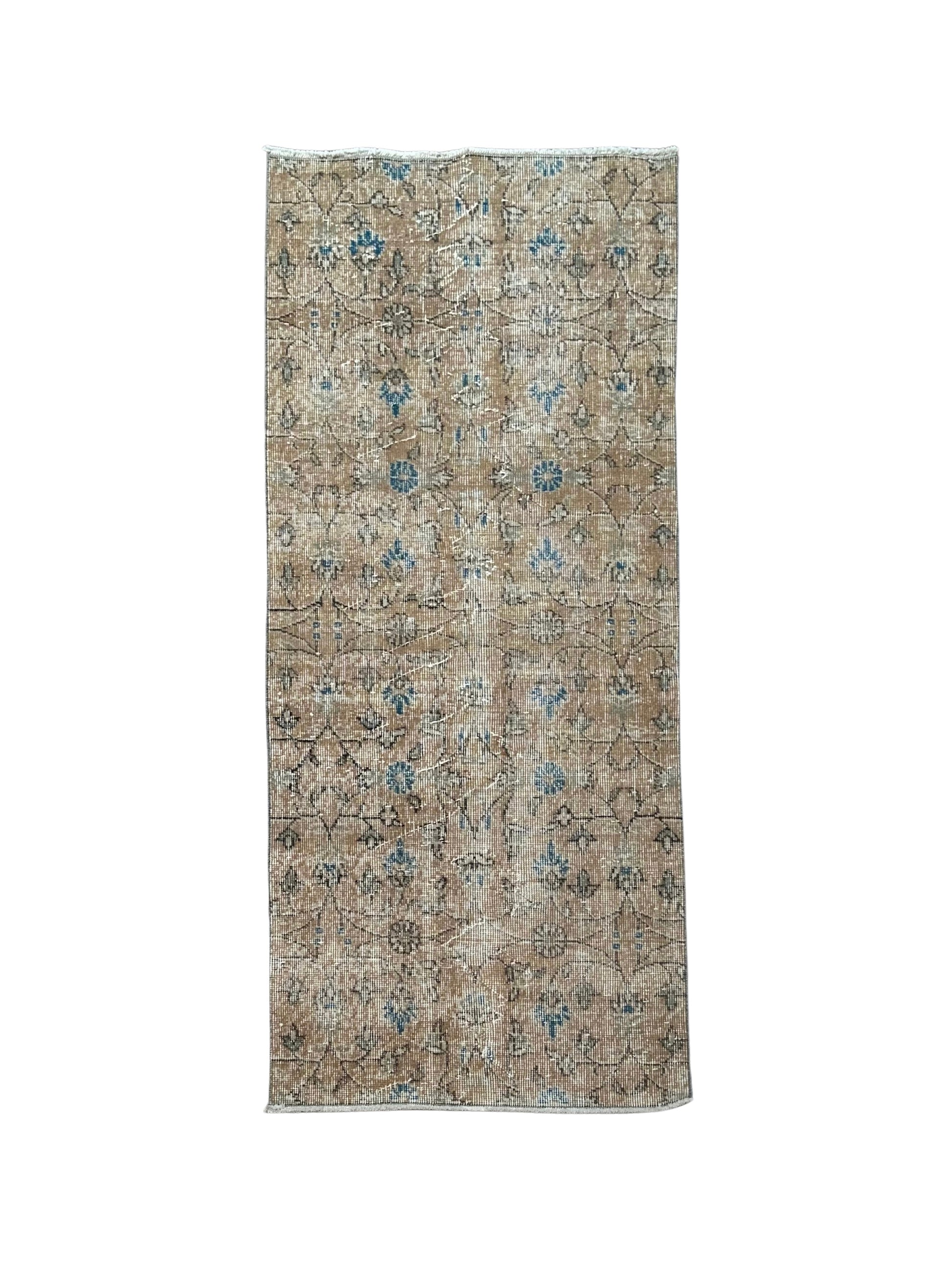 The Vintage Beige and Blue Runner 2x6 features a rectangular, vintage-style design with a faded beige and brown background accented by blue and cream floral and geometric patterns, shown on a white background.