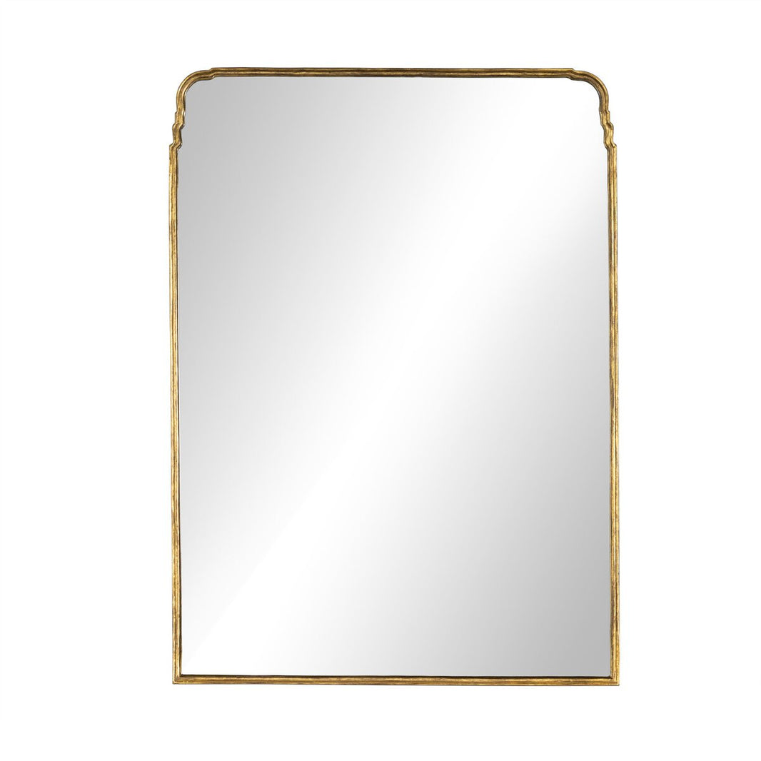 The Loire Grand Floor Mirror features a simple, elegant design with slightly rounded top corners, a thin gold-colored frame, and overall dimensions of 52x1.5x71.5 cm, reflecting a neutral white surface.