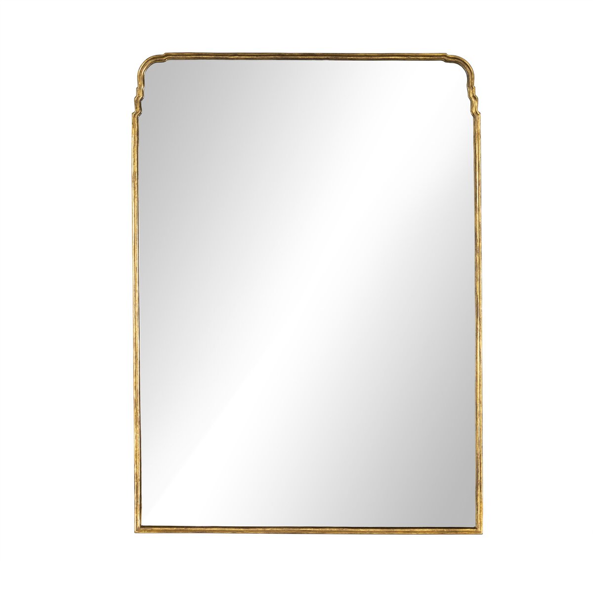 The Loire Grand Floor Mirror features a simple, elegant design with slightly rounded top corners, a thin gold-colored frame, and overall dimensions of 52x1.5x71.5 cm, reflecting a neutral white surface.