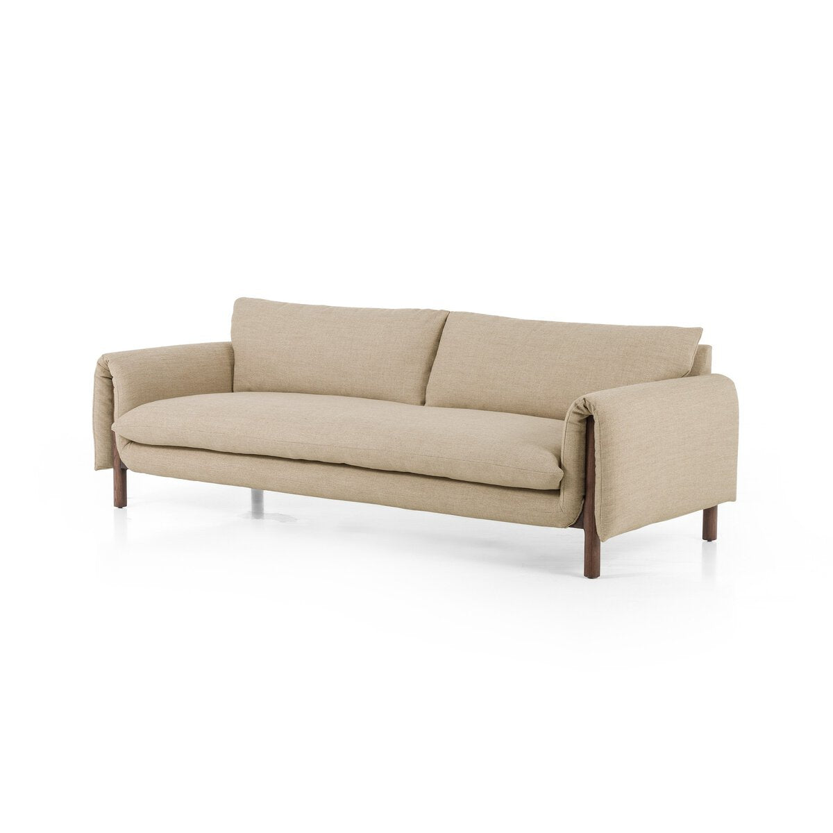The Linen|Wood Wrap Sofa is a modern beige poly linen blend with loose back and seat cushions, wide folded wrap arms, and slim wooden legs, shown against a plain white background.