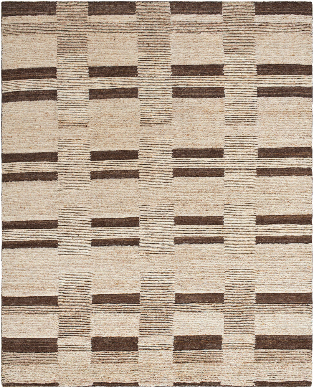 The Patched Rug 8 x 10 is a rectangular hand-knotted wool rug featuring a beige background with intersecting brown lines in a geometric plaid or grid-like pattern.