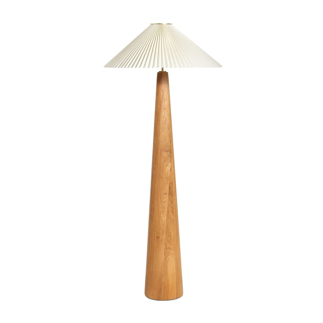 The Light Oak Floor Lamp features a tall, tapered wood base and a pleated off-white shade, offering a stylish yet timeless look.