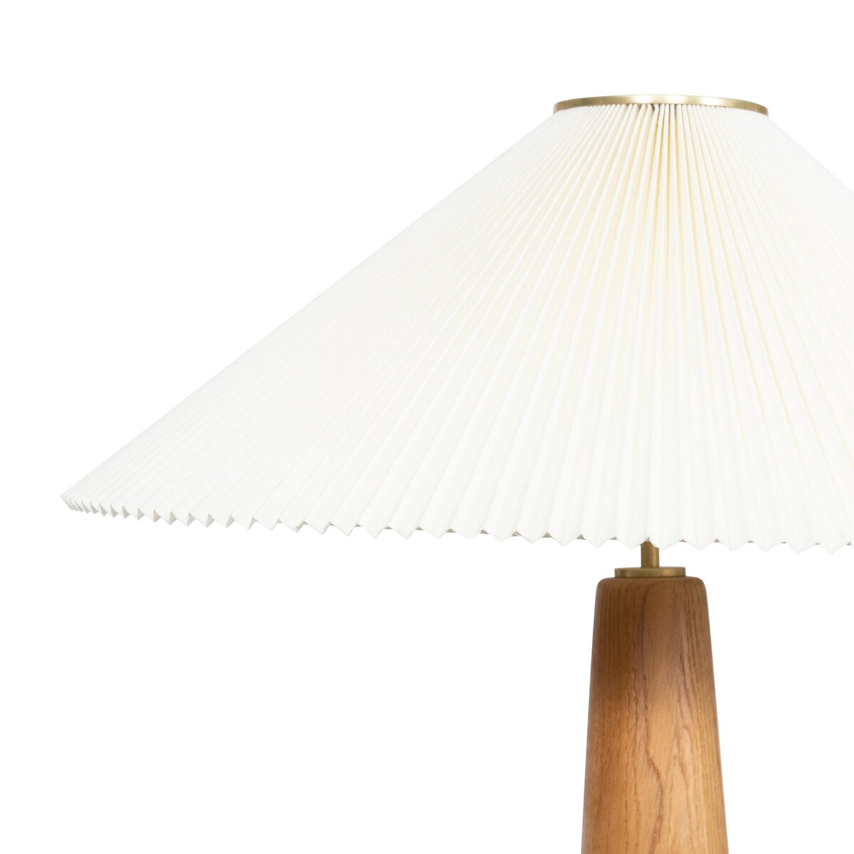 A close-up of the Light Oak Floor Lamp, featuring a pleated white shade and a tapered wood base, set against a plain white background.