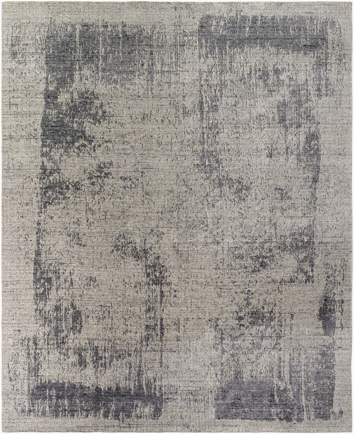 The Abstract Color Splash Rug - 8 x 10 is a square viscose rug featuring a distressed abstract pattern in shades of gray with uneven, textured blocks and lines on a light gray background.