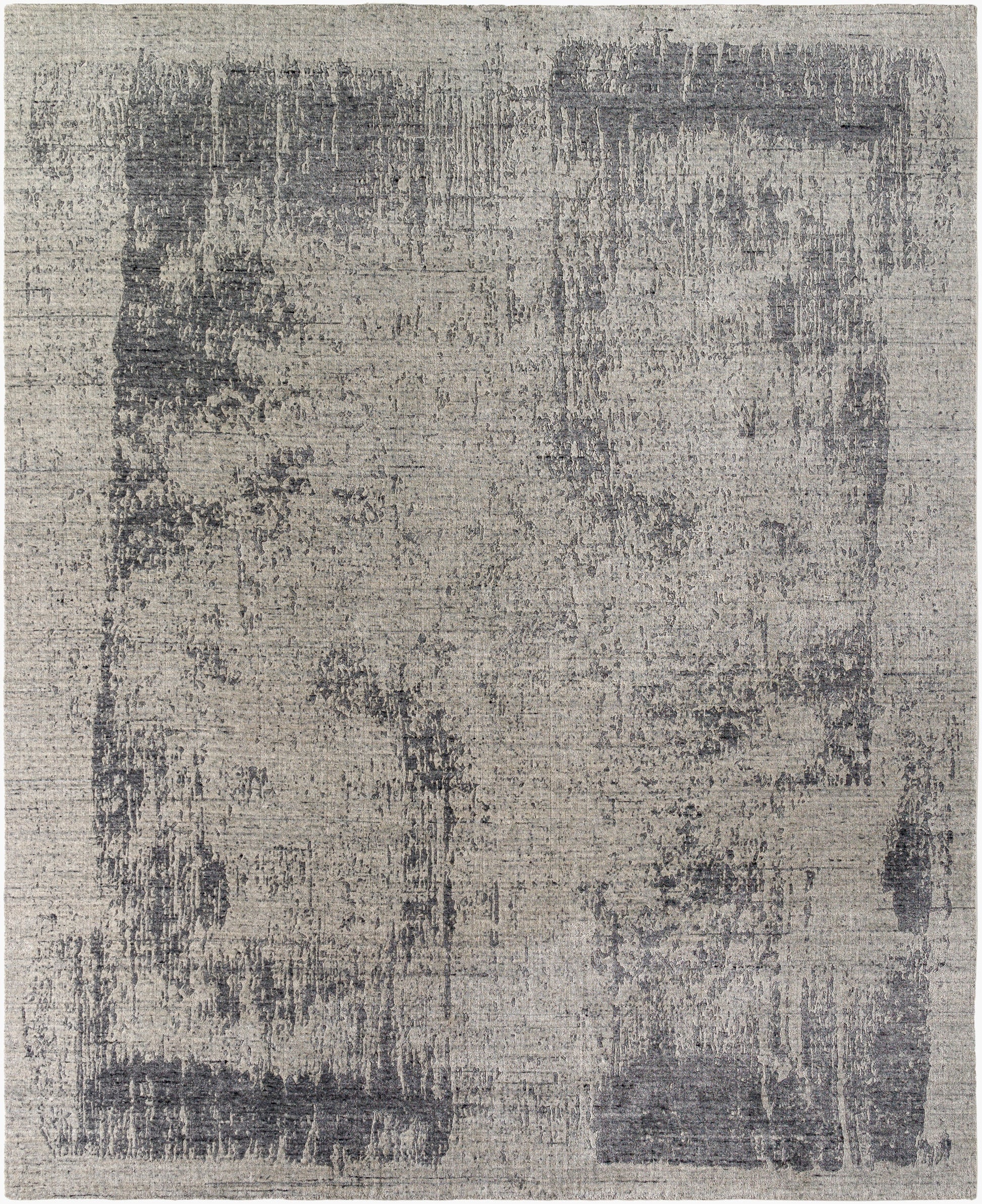 The Abstract Color Splash Rug - 8 x 10 is a square viscose rug featuring a distressed abstract pattern in shades of gray with uneven, textured blocks and lines on a light gray background.