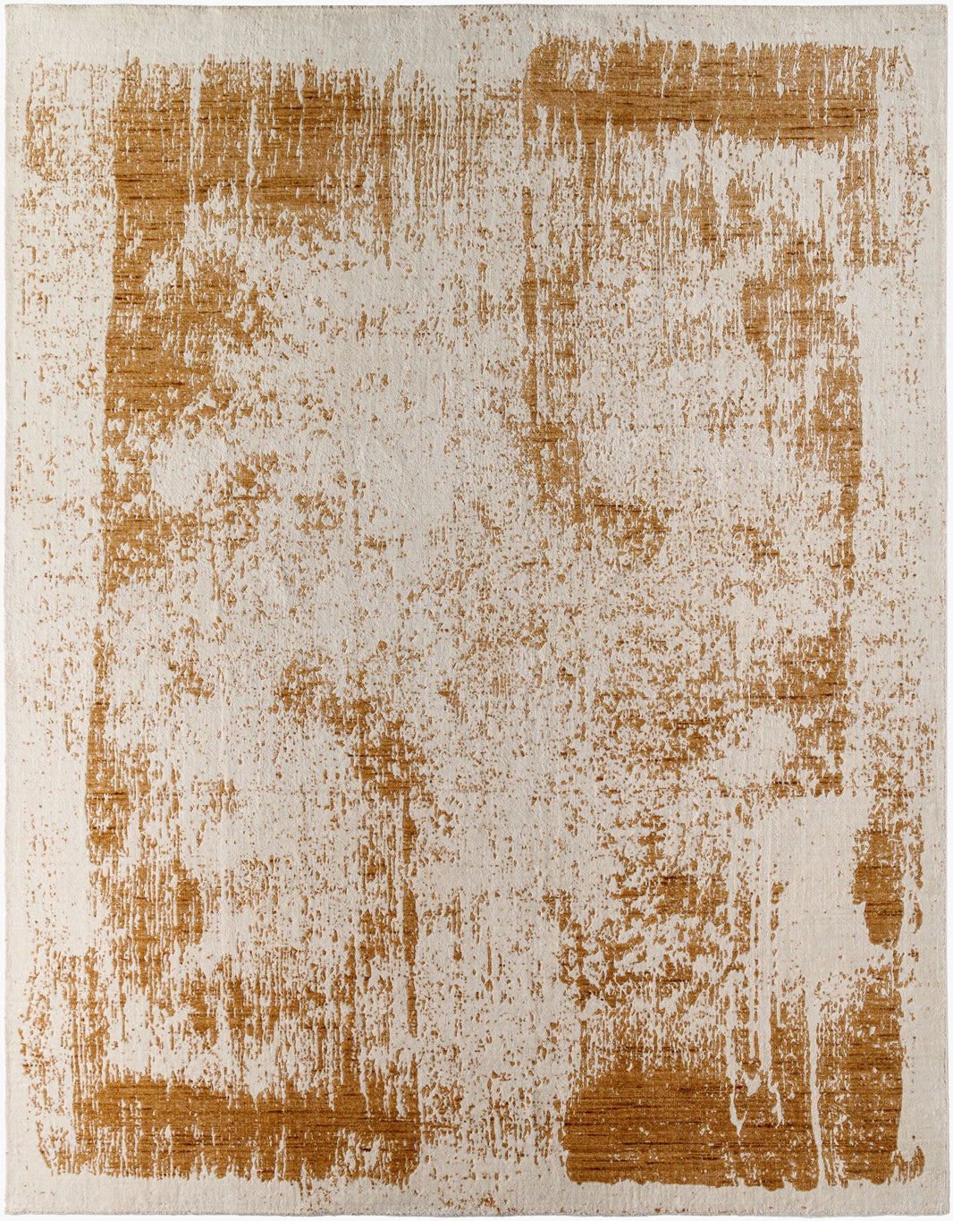 The Abstract Color Splash Rug - 8 x 10 features an abstract, distressed pattern in golden brown on a light beige background, with textured borders and scattered golden patches for a unique splash effect.
