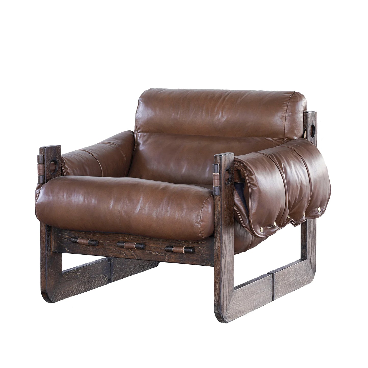 The Oak Wood Brown Leather Arm Chair features a dark oak frame, plush brown leather cushions, wide armrests, and a low, deep seat for comfort. Measuring 39" x 37" x 30", it adds a stylish, modern touch to any space.