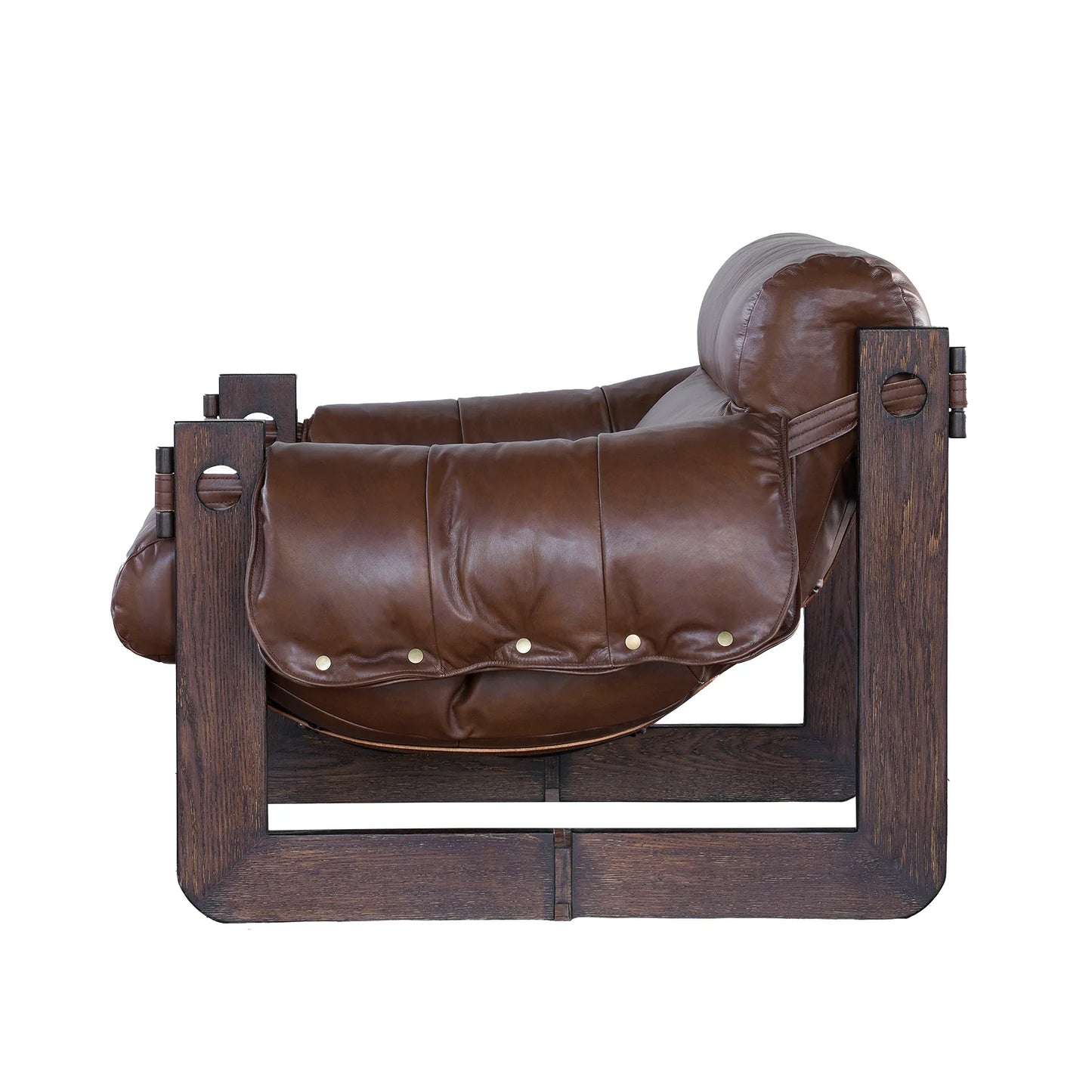 Side view of the Oak Wood Brown Leather Arm Chair featuring plush, tufted dark brown leather cushions and an angular oak wooden frame. Dimensions: 39" x 37" x 30".