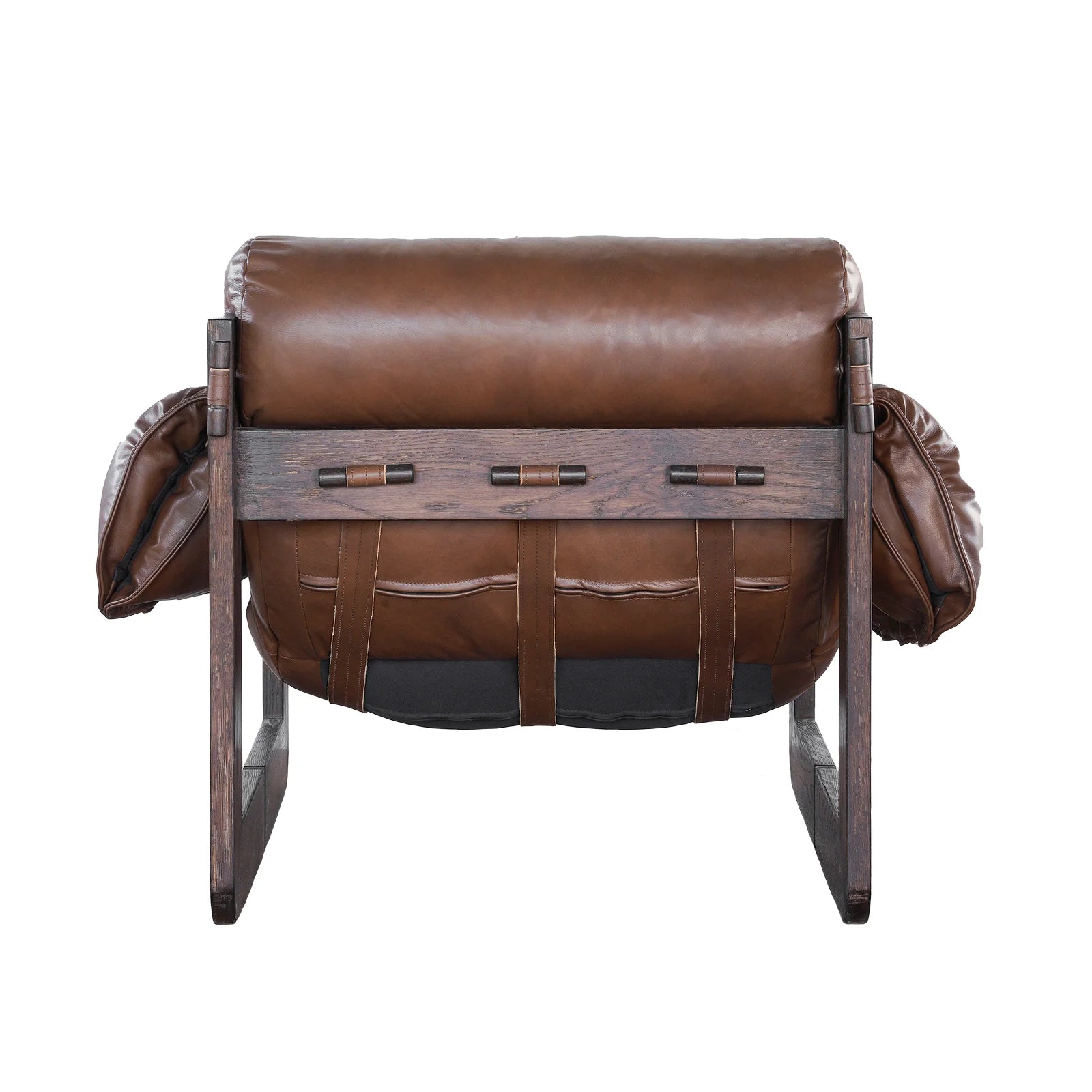 The Oak Wood Brown Leather Arm Chair features armrests, a comfortable seat height, and a stylish design.