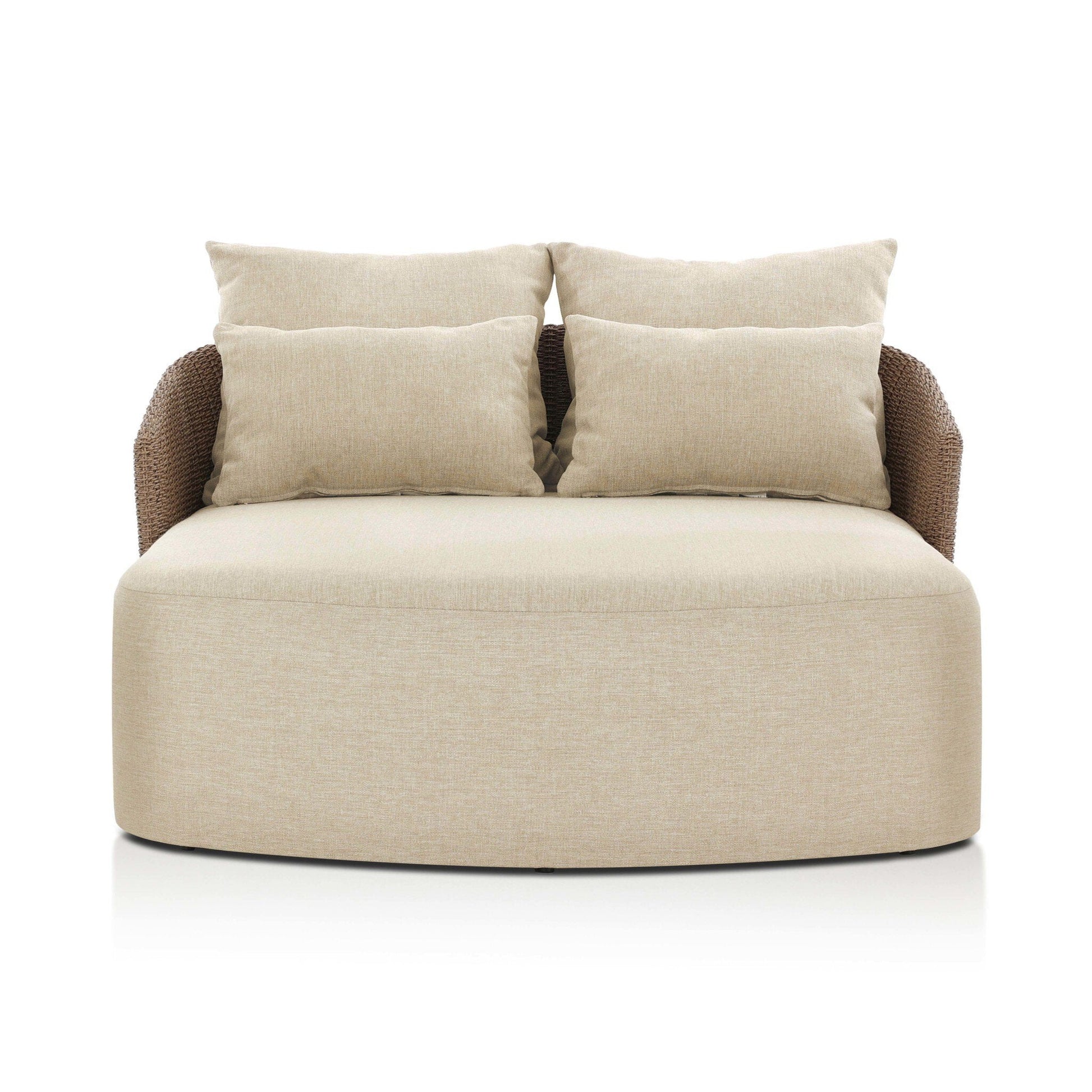 The Maven Outdoor Double Chaise is a modern beige upholstered loveseat with two large back cushions and rounded brown wicker armrests, sized similarly to a compact twin bed frame.