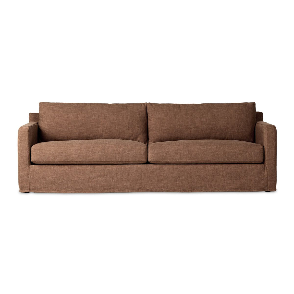 The Classic Slipcover Sofa is a brown, modern three-seater with clean lines, rectangular arms, two seat and back cushions, and PFAS-free performance fabric, shown on a plain white background.