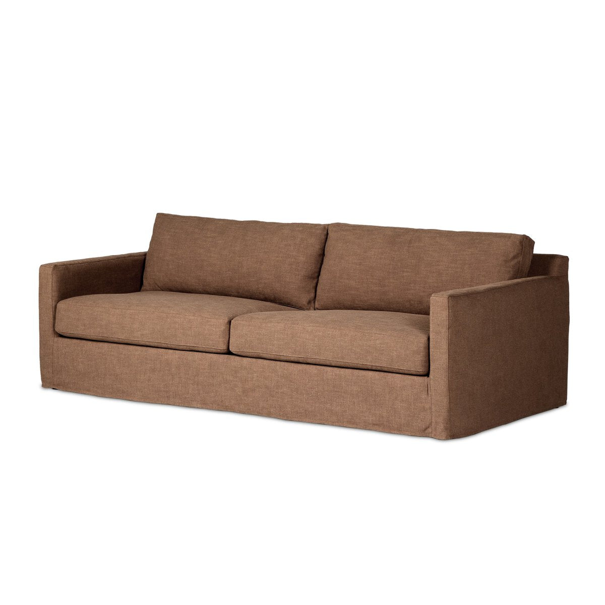 The Classic Slipcover Sofa features a brown, modern design with square arms, two seat and back cushions, and PFAS-free performance fabric, shown against a white background.