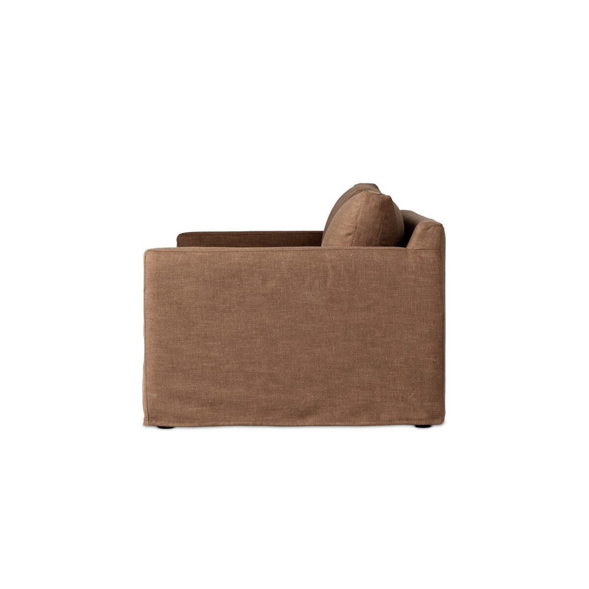 Side view of the Classic Slipcover Sofa, featuring a brown boxy design with thick cushions and a single back pillow, made with PFAS-free performance fabric, isolated on a white background.