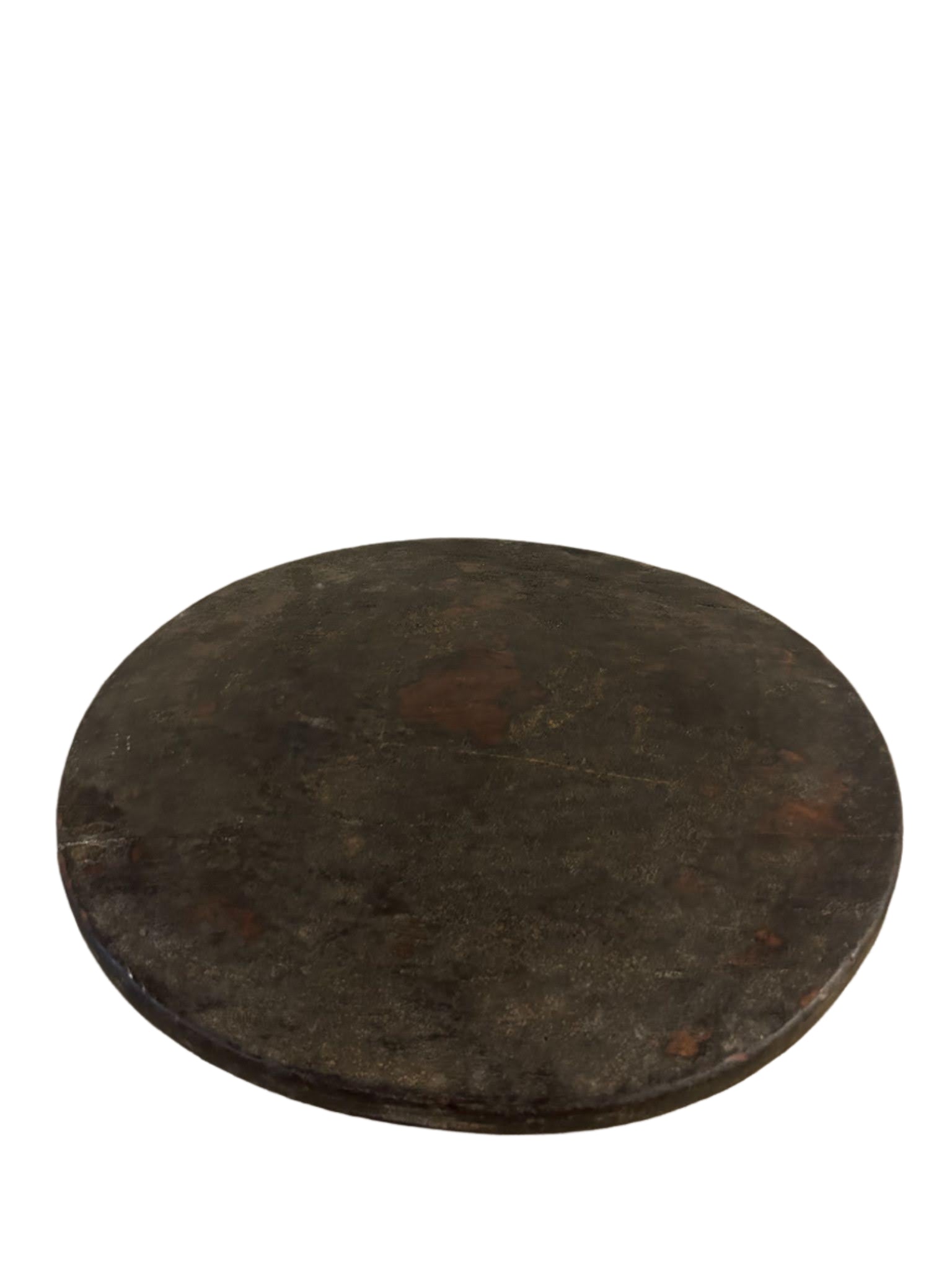 The Vintage Dark Wood Tray features a round, flat shape and smooth dark brown finish, making it a charming addition to rustic home decor. Shown against a white background.