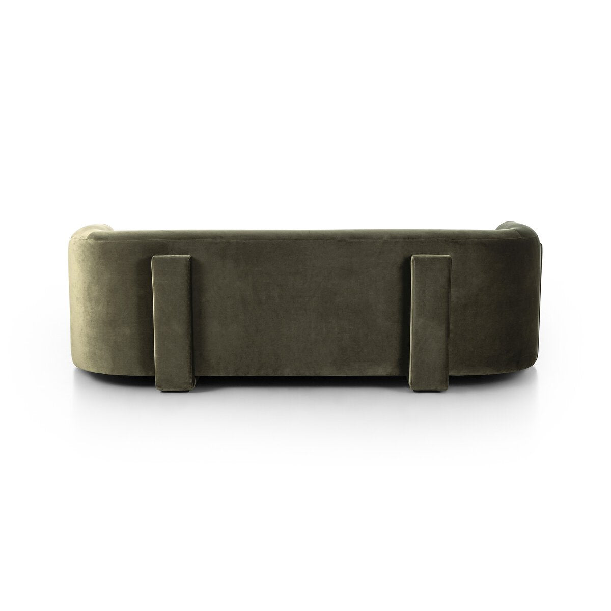 The Exposed Frame Sofa showcases a classic back view with olive-green velvet upholstery, a curved backrest, and two wide rectangular vertical legs. Set against a white background, it highlights its elegant exposed frame design.