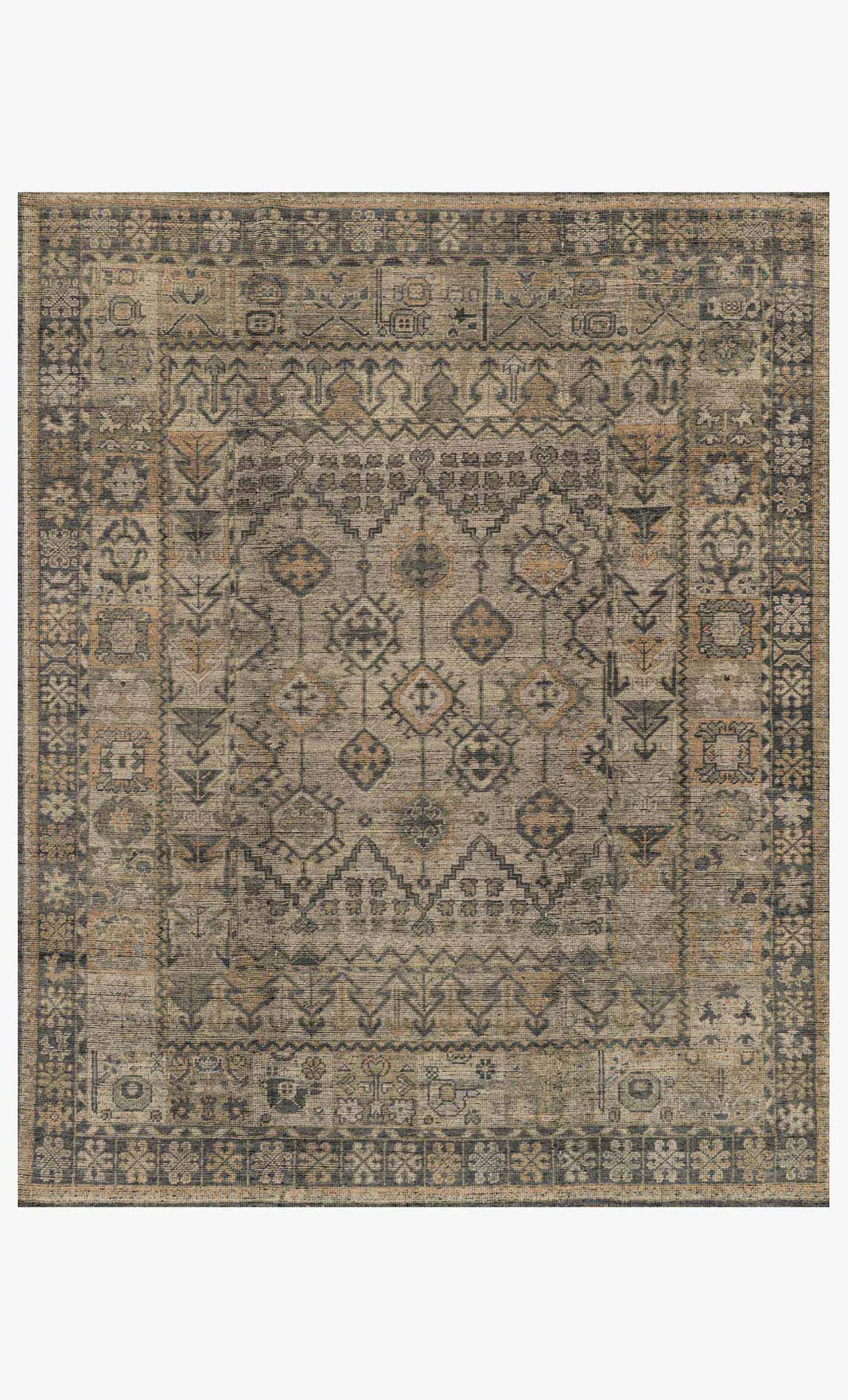 The Wool Bone-Charcoal Rug 8'x10' features an intricate geometric and floral pattern in muted beige, gray, and brown tones, a detailed border, symmetrical design, and is available in various sizes.