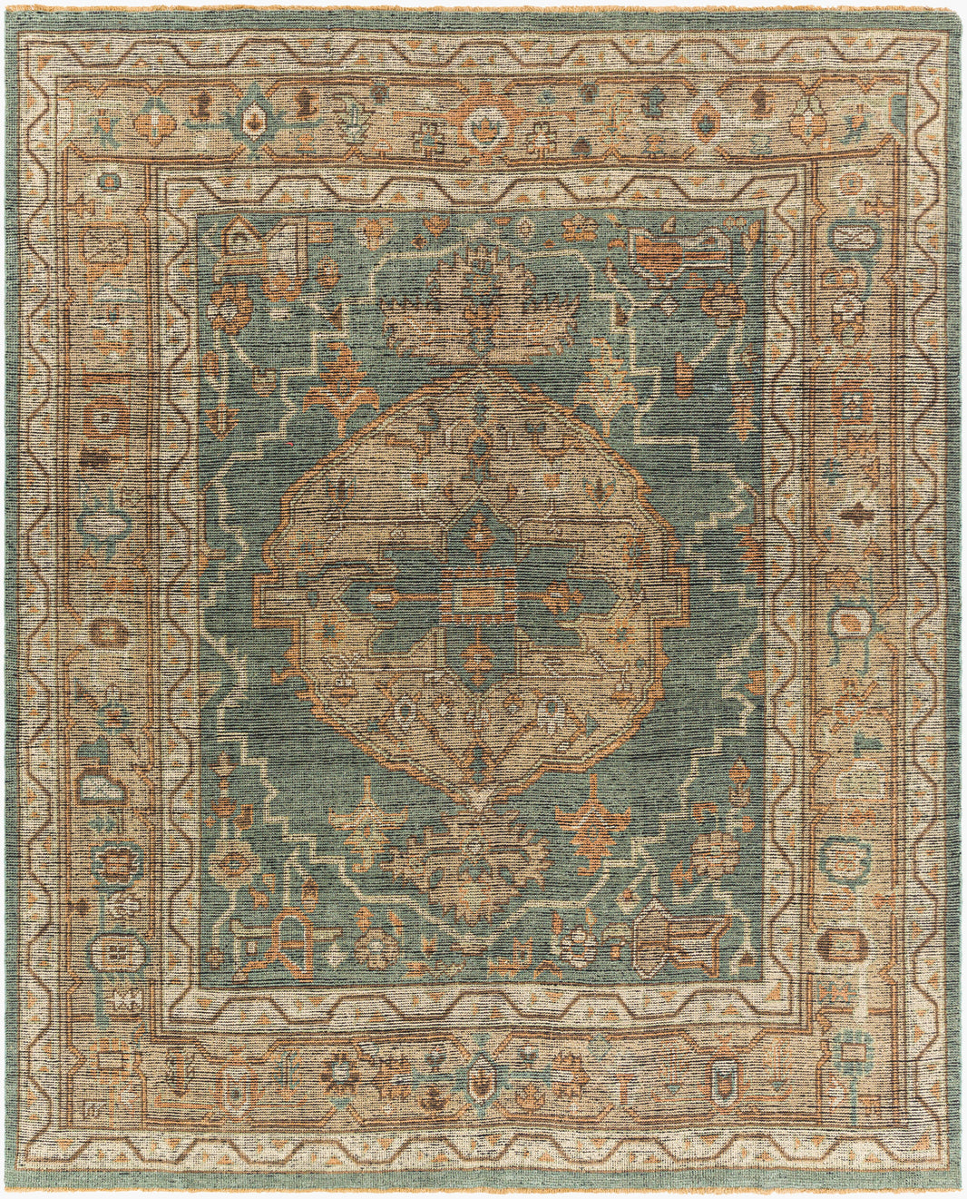 The Traditional Dark Green and Beige Rug - 8'x10' features an intricate medallion, floral motifs, and geometric border in muted green, beige, gold, and brown tones with a distressed vintage look. Available in various sizes.