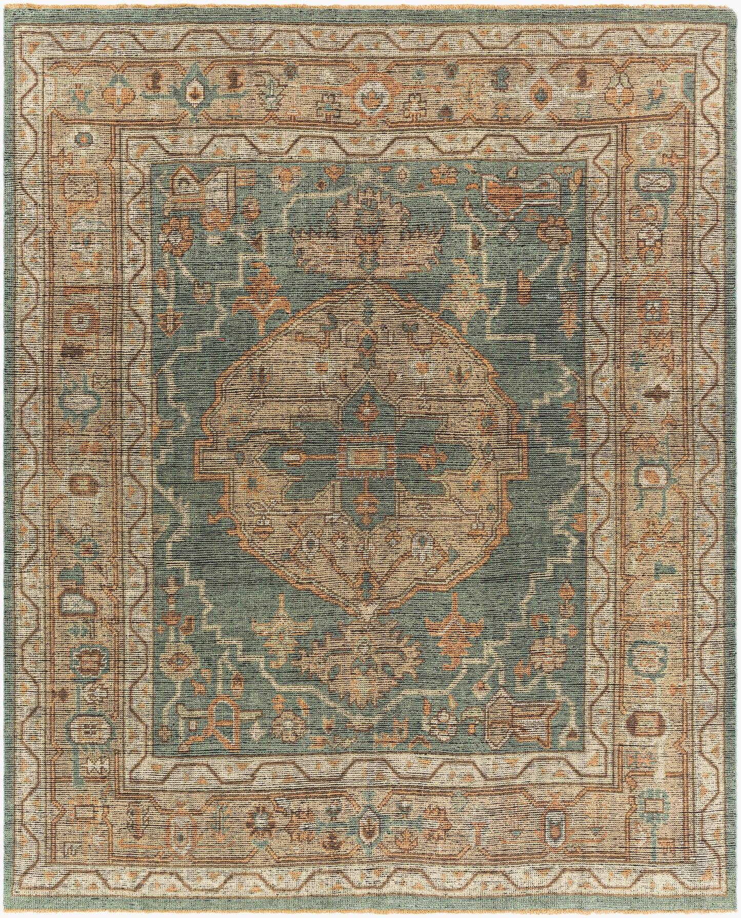 The Traditional Dark Green and Beige Rug - 8'x10' features an intricate medallion, floral motifs, and geometric border in muted green, beige, gold, and brown tones with a distressed vintage look. Available in various sizes.