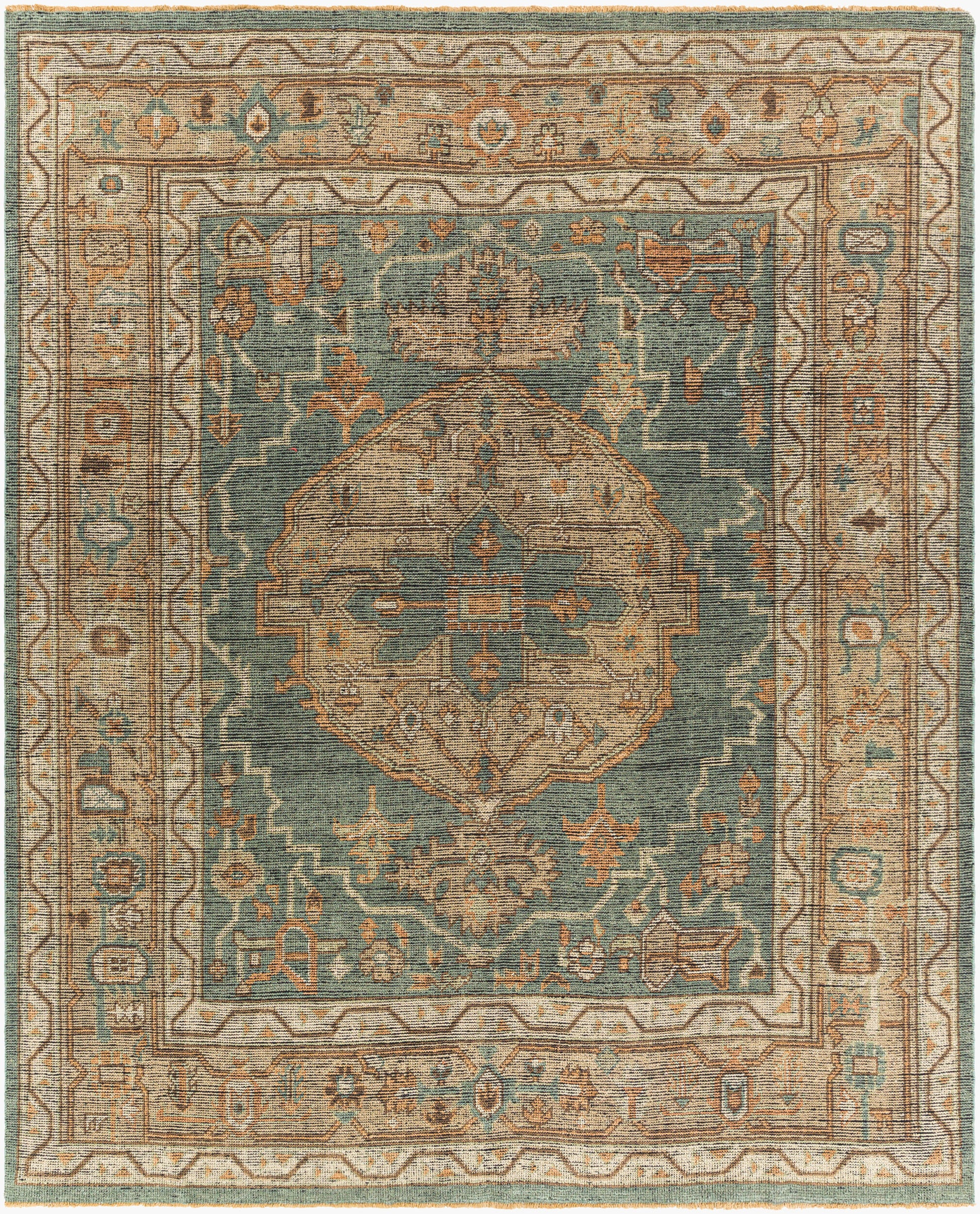 The Traditional Dark Green and Beige Rug - 8'x10' features an intricate medallion, floral motifs, and geometric border in muted green, beige, gold, and brown tones with a distressed vintage look. Available in various sizes.