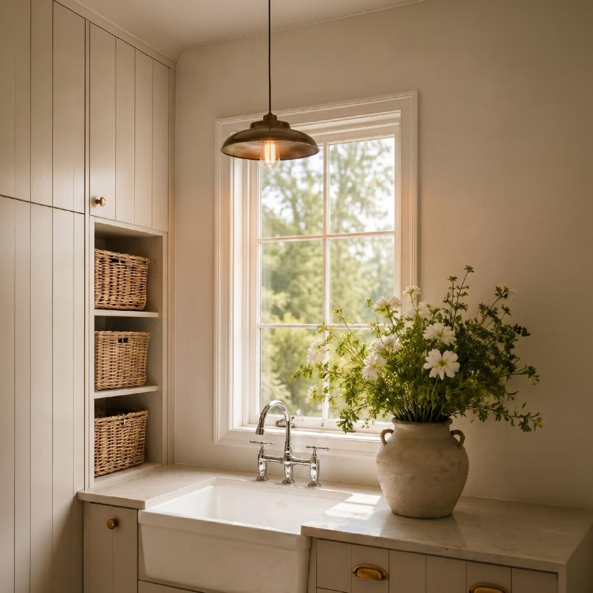 A bright kitchen with a farmhouse sink, wicker baskets on the shelves, a window letting in natural light, and a large vase of white flowers on the counter is elegantly illuminated by an Industrial Brass Pendant Light suspended with a classic lighting chain.