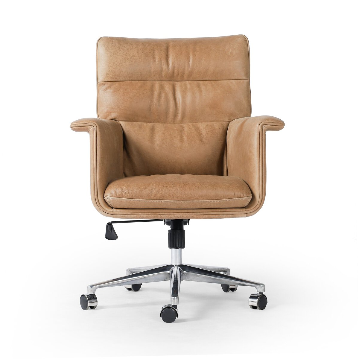 The Wing Arm Desk Chair in tan leather features padded armrests, a high backrest, and a sturdy metal base with five caster wheels, shown from the front against a white background.