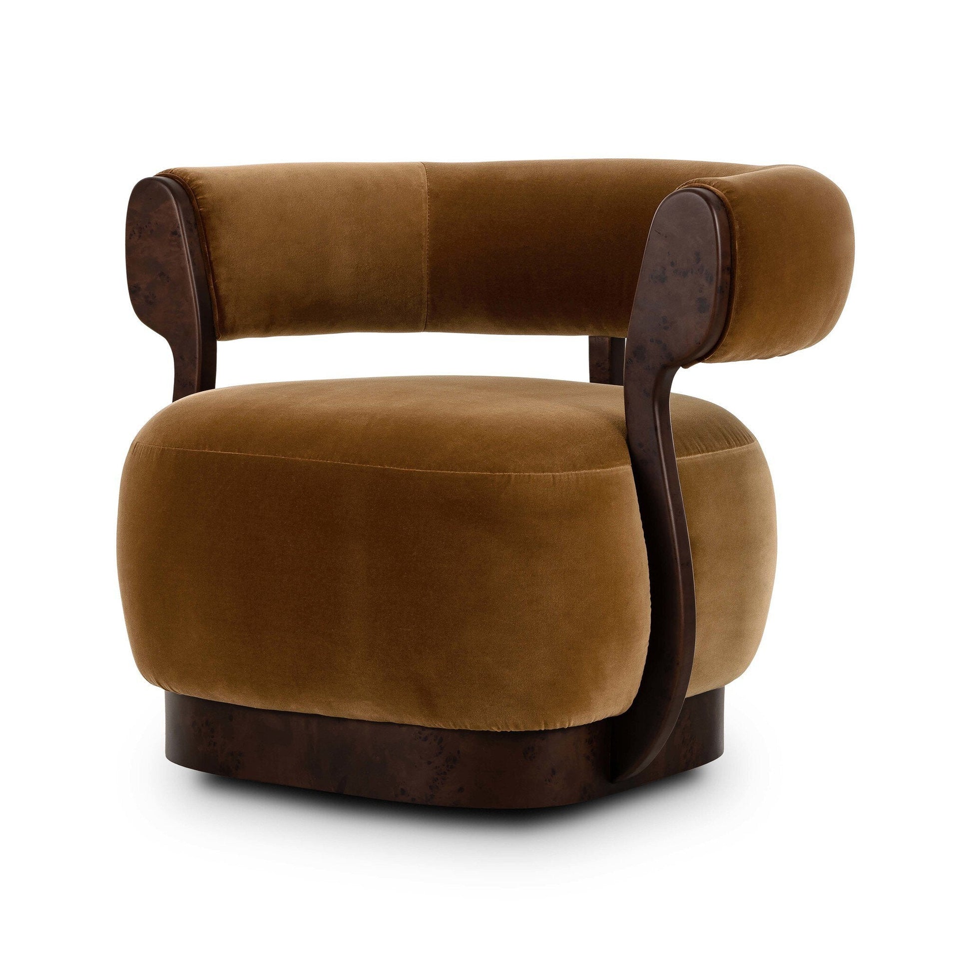 The Yuri Swivel Chair features plush brown velvet, a curved backrest, rounded arms, cushioned seat, and a circular dark wood base; overall size is 34.25"W x 31.25"D x 28.25"H.