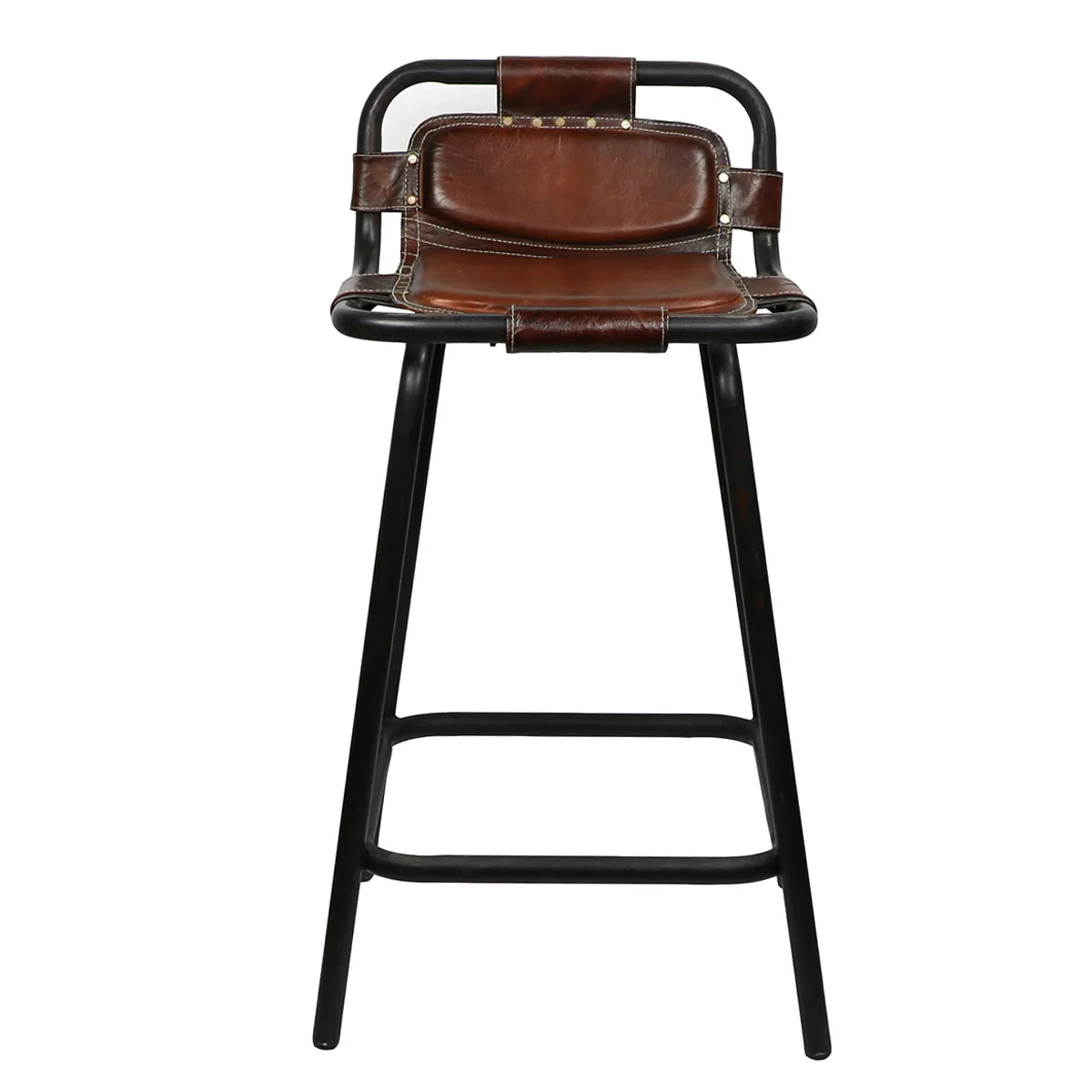 The Stitched Leather Stool is a tall counter stool featuring a black metal frame, a brown padded leather seat and backrest with visible stitching, and a convenient footrest bar.