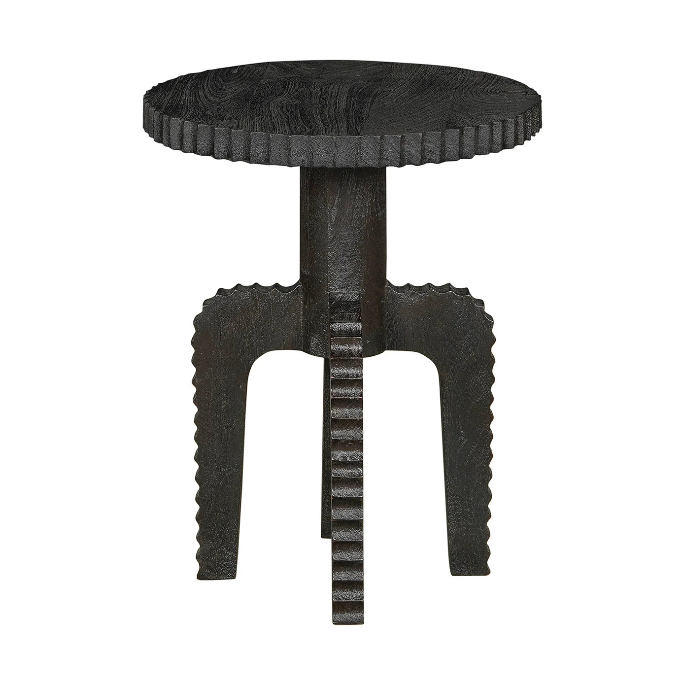 The Black Acacia Side Table is a small, round black wooden piece with a 17.5" diameter tabletop and 22.5" height, featuring textured scalloped edges and zigzag-carved legs, shown against a white background.
