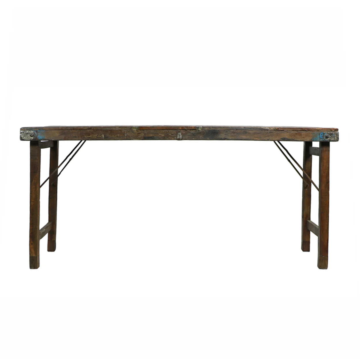 The Indian Wedding Console Table features a rustic wooden surface, foldable legs, and metal corner brackets—an ideal refurbished piece—shown against a plain white background.