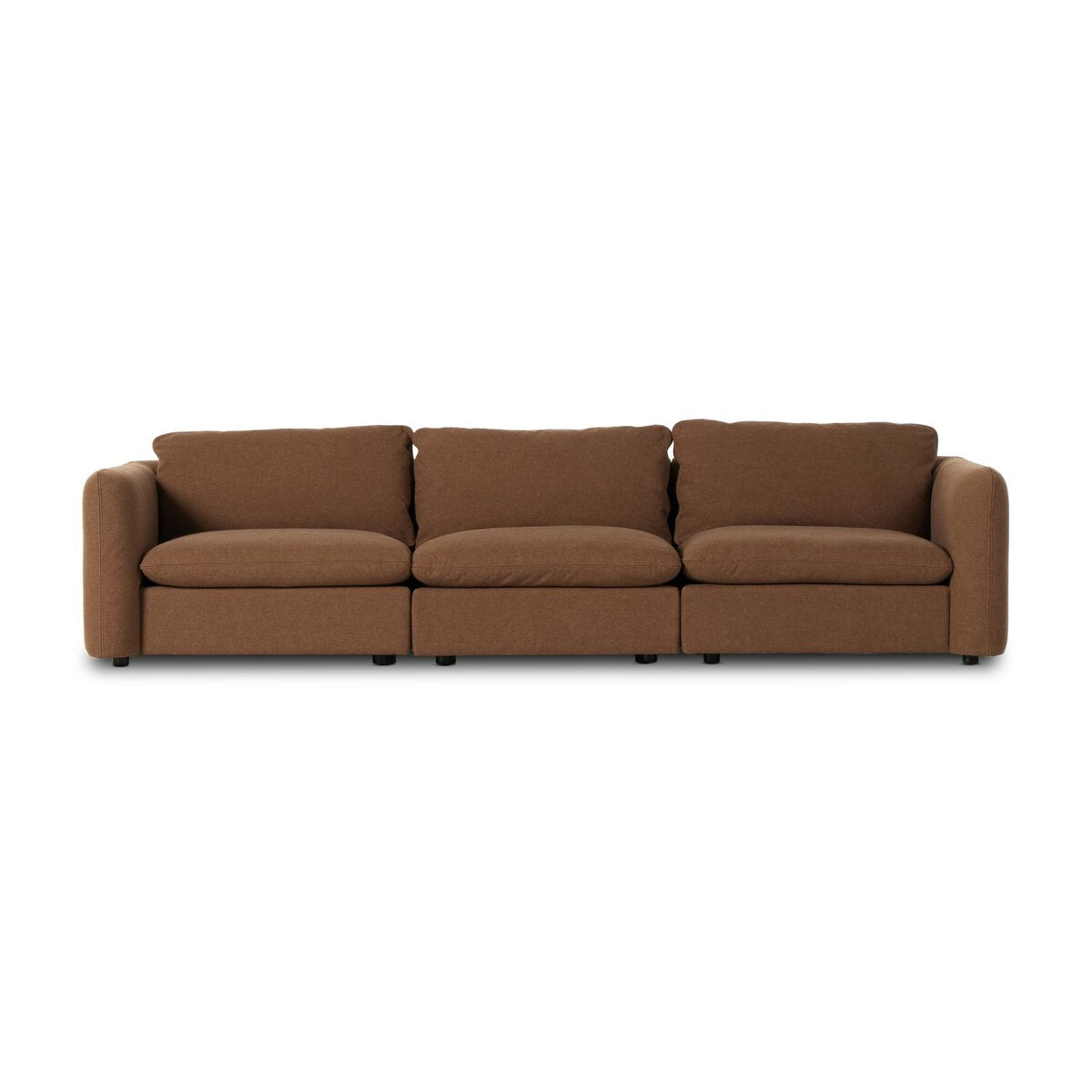 The Linen 3pc Sectional is a modern sofa with brown upholstery, plush cushions, and rounded armrests. An optional ottoman expands seating. Featured against a plain white background.