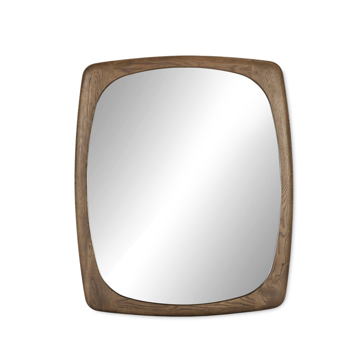 The Jai Wall Mirror features a slightly curved rectangular shape, a Cocoa Oak wooden frame with rounded edges and smooth finish, and measures 36.00"w x 2.00"d x 43.00"h, beautifully reflecting light on its surface.