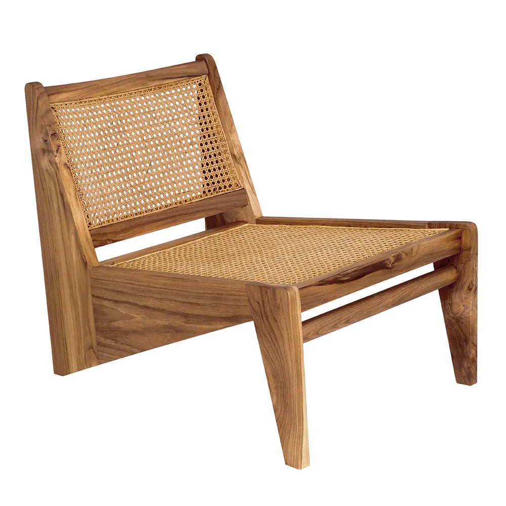 The Low Teak & Rattan Chair features a natural finish, woven cane seat and backrest, angled legs for a minimalist look, and measures 25W x 32D x 26H—perfect for contemporary style.