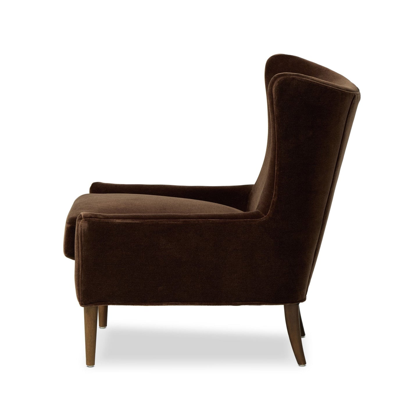 Side view of the Marlow Wing Chair in dark brown upholstery with wooden legs, high backrest, and winged sides, displaying its overall dimensions on a plain white background.