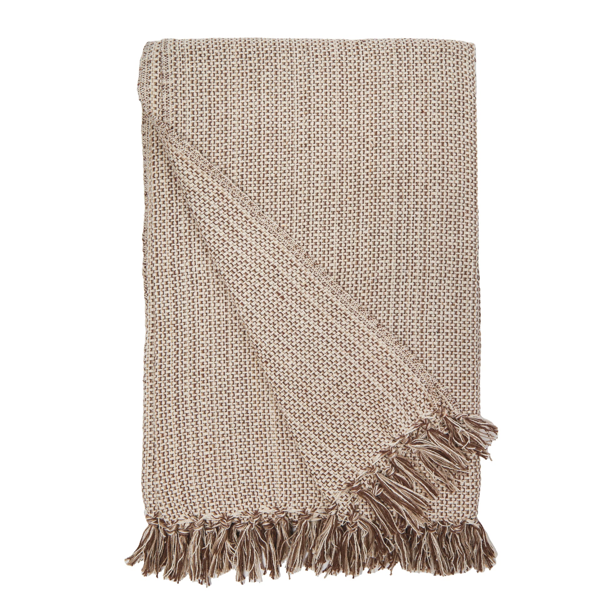 A folded Walnut Throw Blanket in beige and brown with tassels on the ends, displayed on a white background, pairs beautifully with a 60 x 90 tablecloth for a warm and inviting setting.