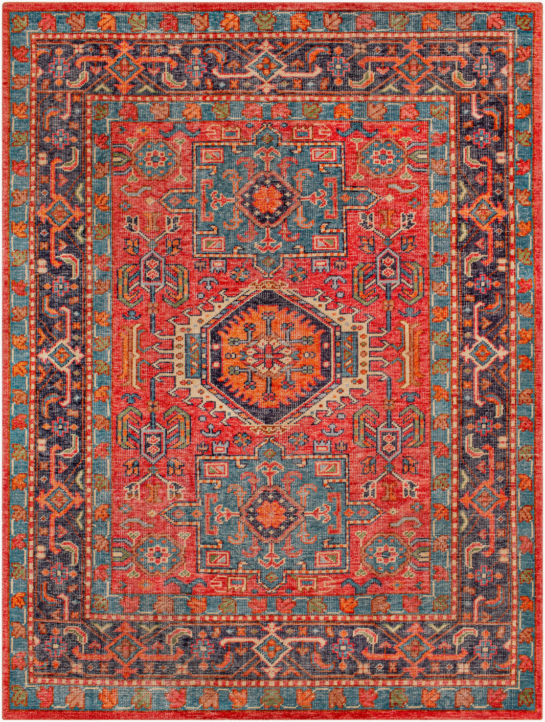 The Traditional Indian Colorful Rug - 8'x10' features a rectangular shape, vibrant geometric patterns in red, blue, orange, and teal with a central medallion and decorative border. Available in multiple sizes to fit any room.