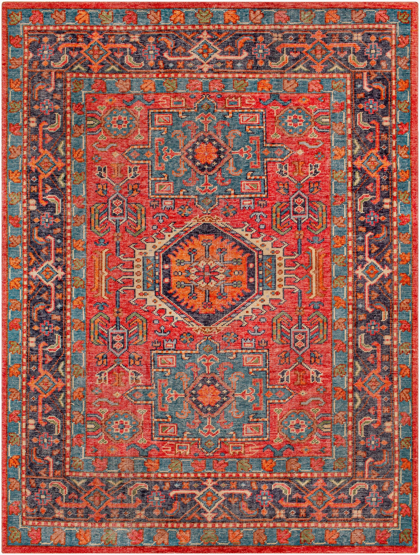 The Traditional Indian Colorful Rug - 8'x10' features a rectangular shape, vibrant geometric patterns in red, blue, orange, and teal with a central medallion and decorative border. Available in multiple sizes to fit any room.