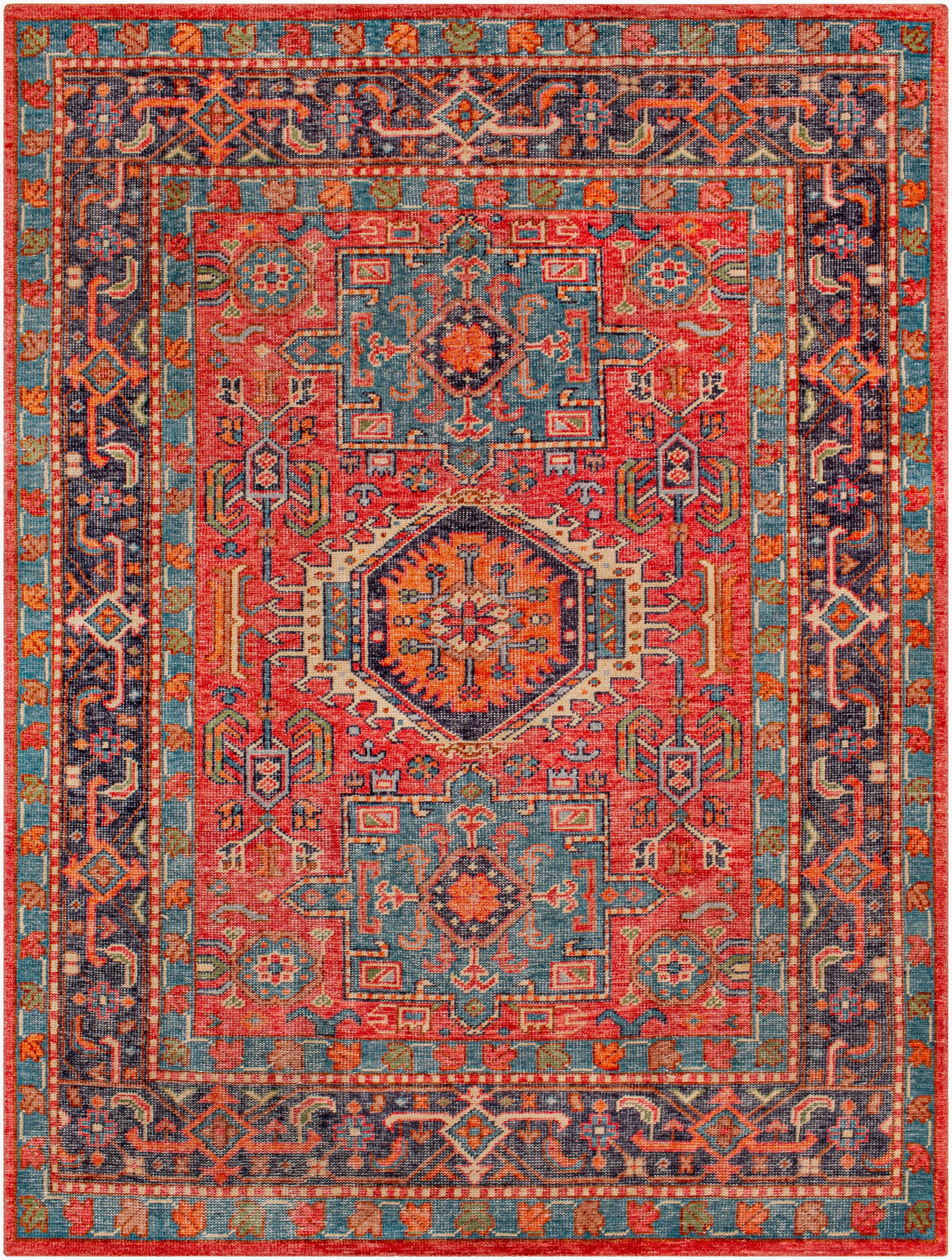 The Traditional Indian Colorful Rug - 8'x10' features a rectangular shape, vibrant geometric patterns in red, blue, orange, and teal with a central medallion and decorative border. Available in multiple sizes to fit any room.