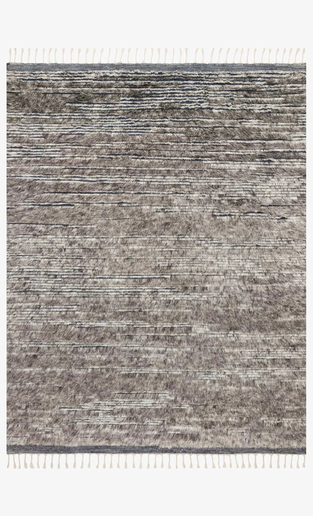The Indian Wool Rug With Fringes - 8'6x11'6 features a textured, horizontal striped pattern in gray and beige with white fringes on the short edges, available in multiple sizes.