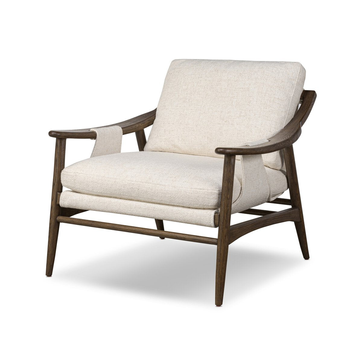 The Sling Style Armchair features a dark wooden frame paired with a light beige upholstered seat and backrest, angled legs, and curved armrests—ideal for any space and designed with precise measurements.