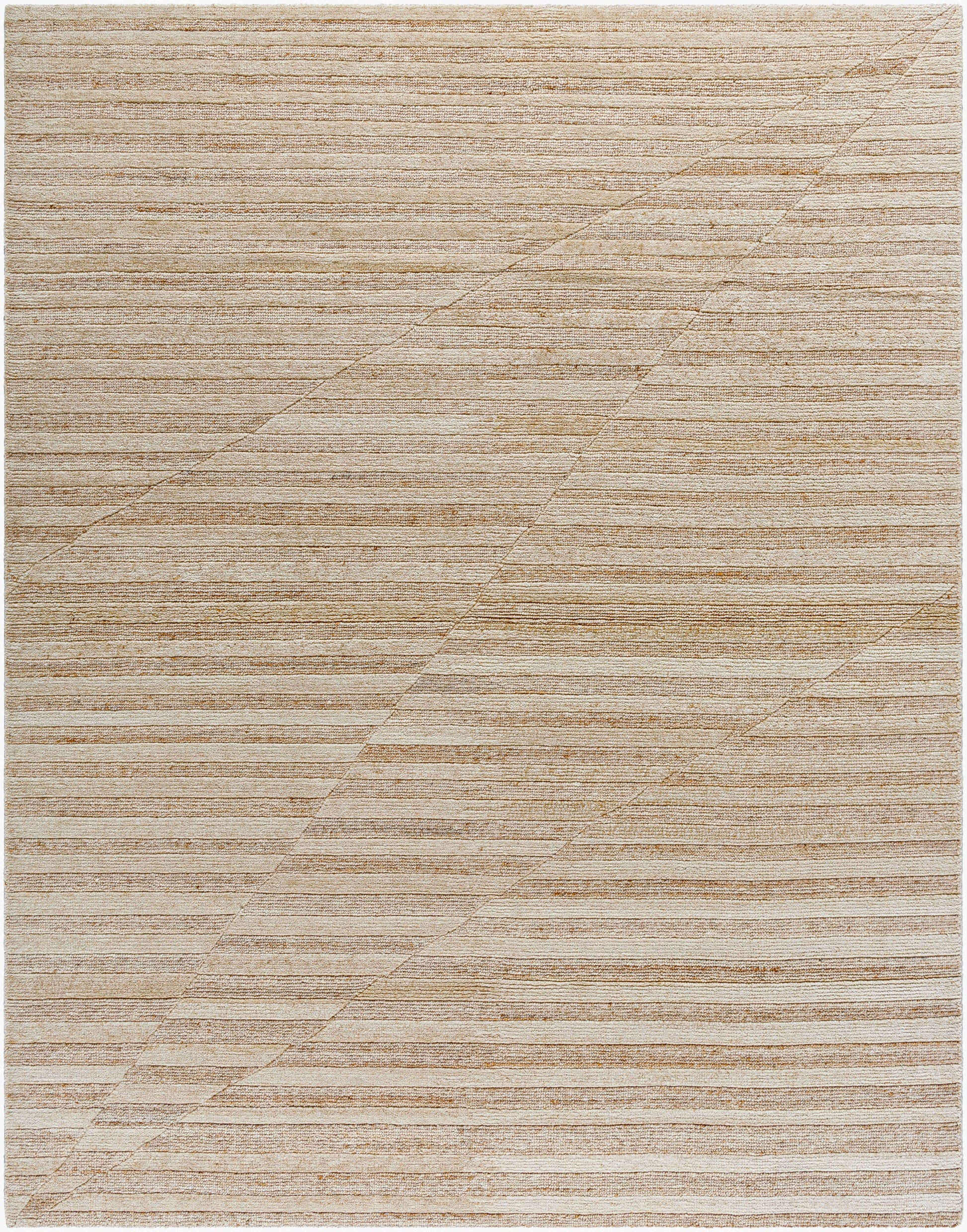 The Bone Striped Wool Rug (8 x 10) is made from 100% wool in beige, with subtle horizontal stripes and faint diagonal lines. Its hand-knotted design offers a minimalist, modern touch to any room.