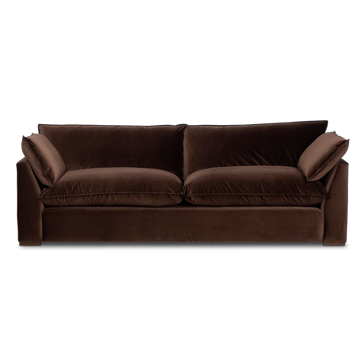 The "Sunken" Sofa features modern style, plush brown velvet upholstery, deep feather-blend cushioning, and wide armrests, shown from the front against a white background.