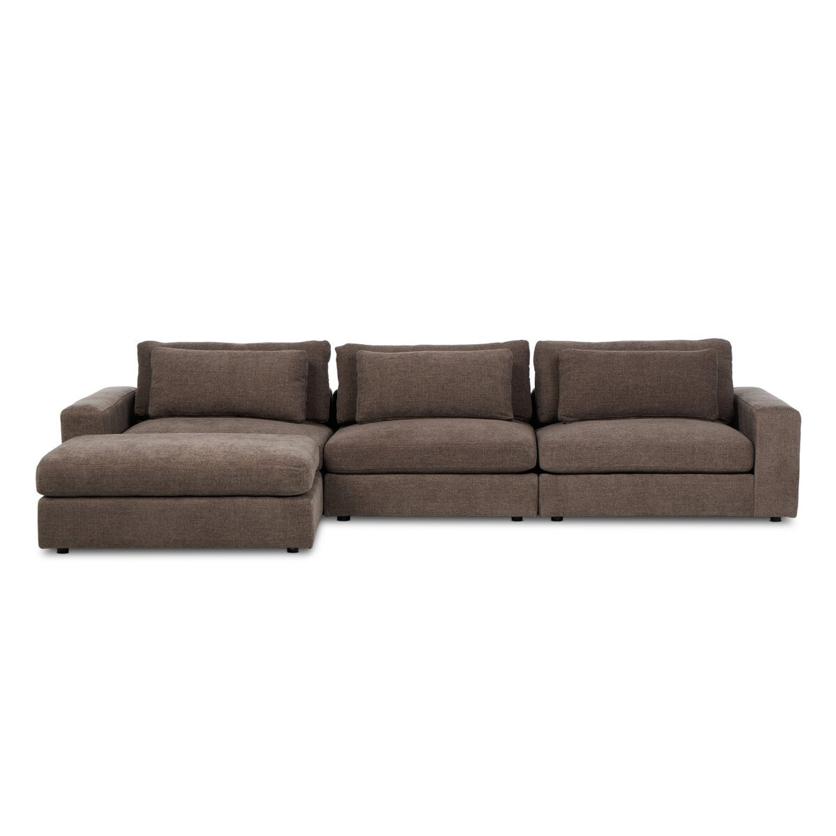 The 3-pc Modern Low Sectional is a spacious, contemporary sofa with dark brown upholstery, three seat sections, a wide left chaise lounge, and plush back cushions—offering clean lines and ample comfort for any living area.