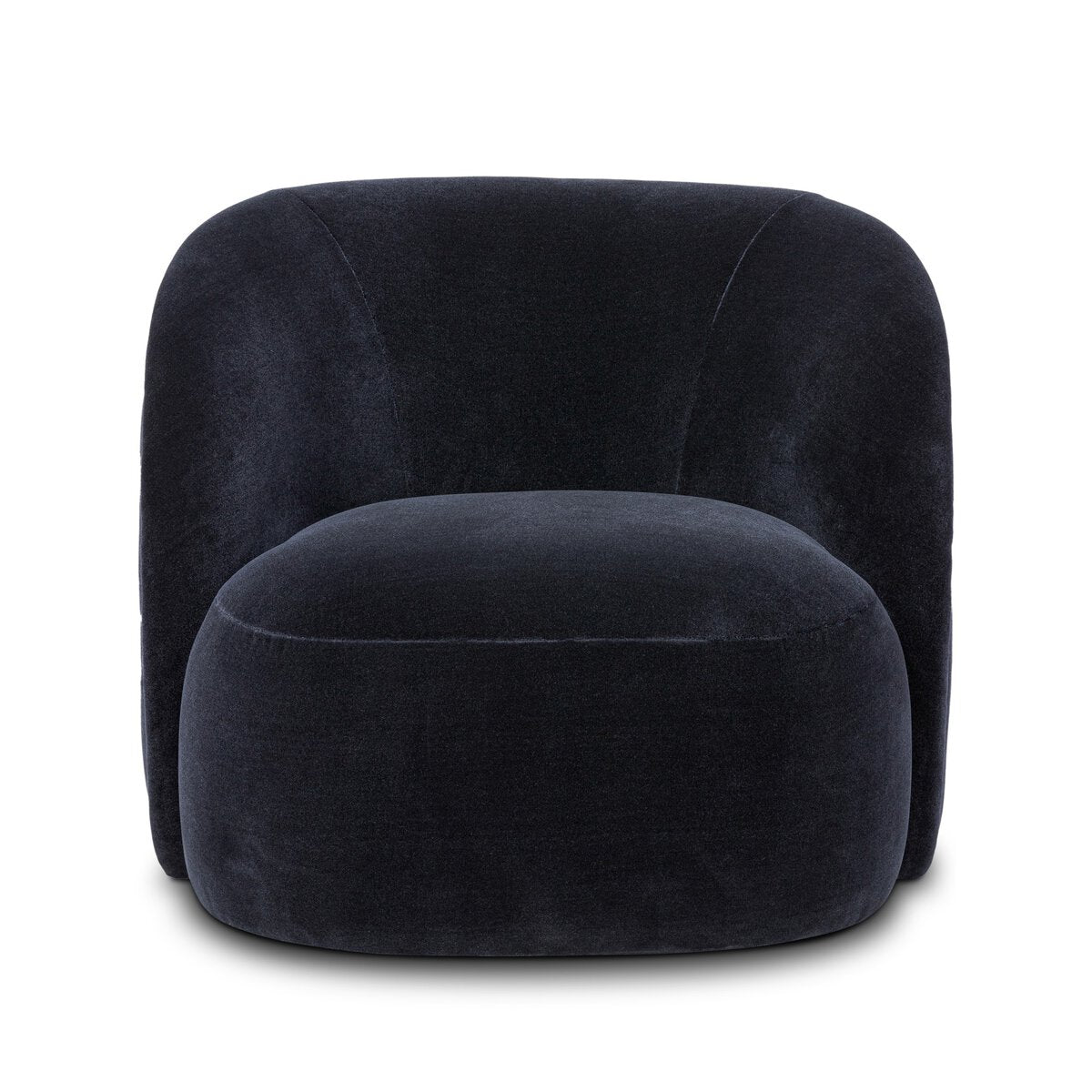 The Low Profile Swivel Chair features a modern design with plush black velvet, rounded edges, and a low, wide seat. Shown from the front against a plain white background.