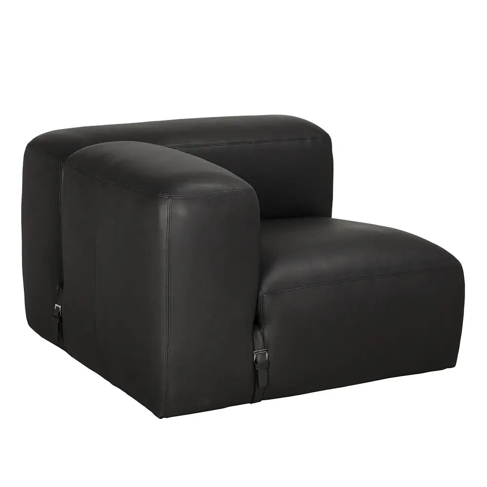 The Buckled Black Leather Modular Sofa features a modern, armless design with a low backrest, wide cushioned seat, soft rounded edges, minimalistic stitching, and buckle details near the base.