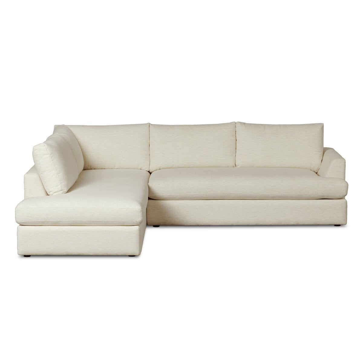 The Classic Frame 2pc Sectional features light beige upholstery, three back cushions, low square arms, and a left or right chaise lounge. Its simple, contemporary design with clean lines easily adapts to suit your space.