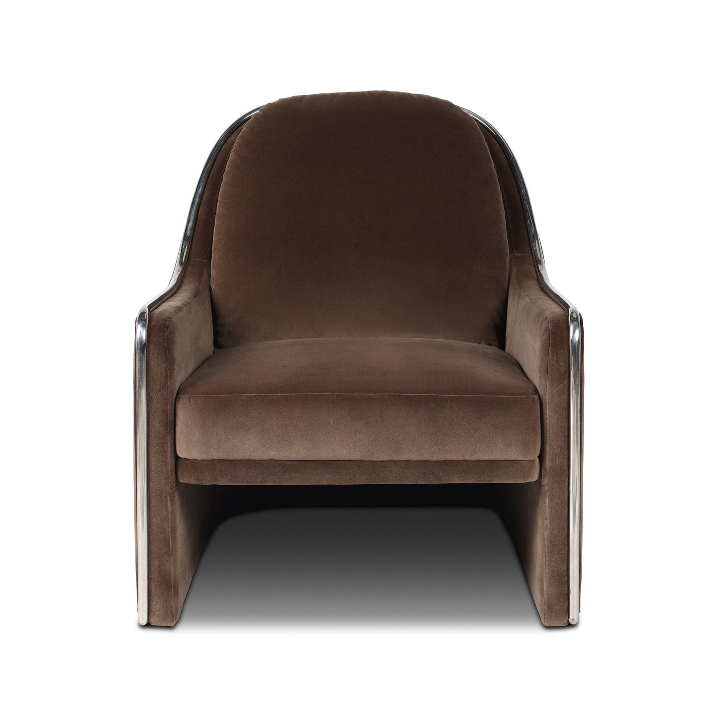 The Viora Chair features brown upholstered cushions and sleek, curved chrome armrests, shown from the front against a white background.