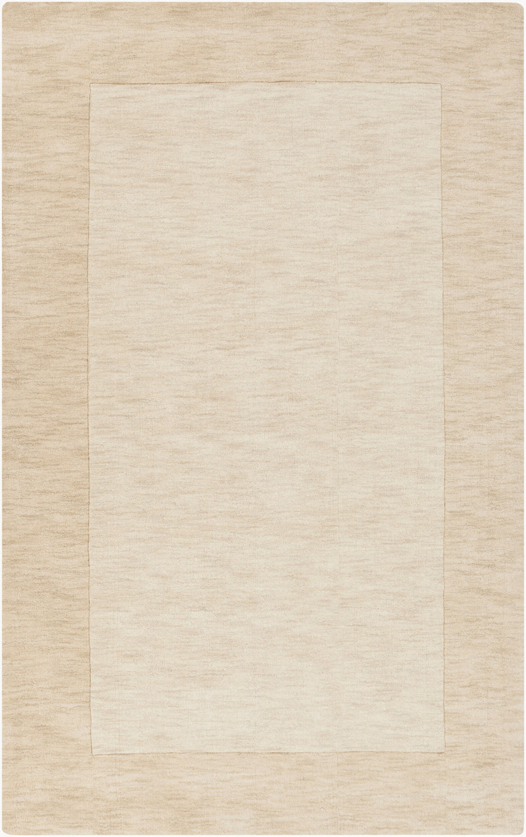 The Subtle Border Ivory Rug, 8' x 11', features a soft wool texture with a minimal solid design, showcasing a lighter ivory center and slightly darker border for understated elegance in any room.