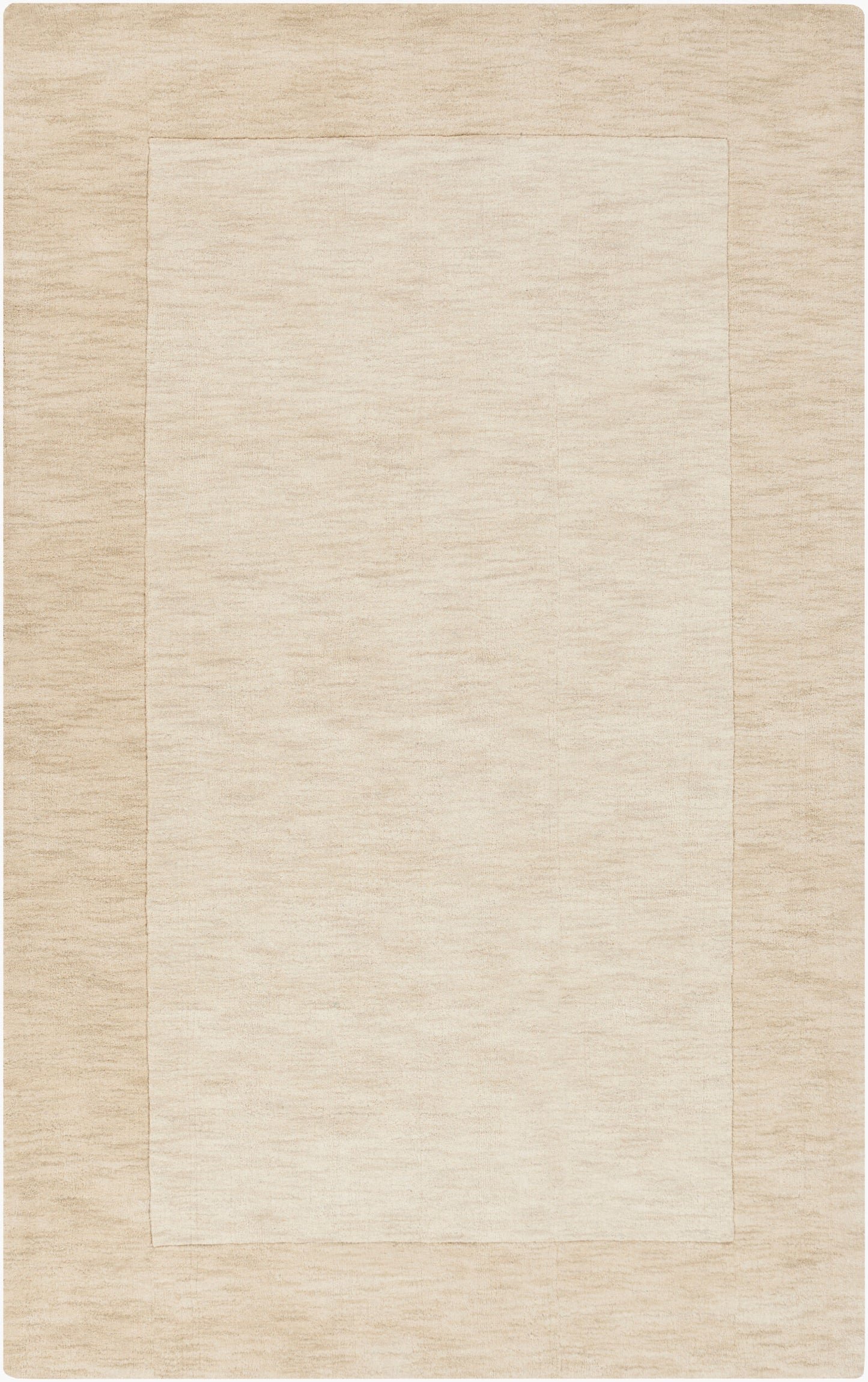 The Subtle Border Ivory Rug, 8' x 11', features a soft wool texture with a minimal solid design, showcasing a lighter ivory center and slightly darker border for understated elegance in any room.