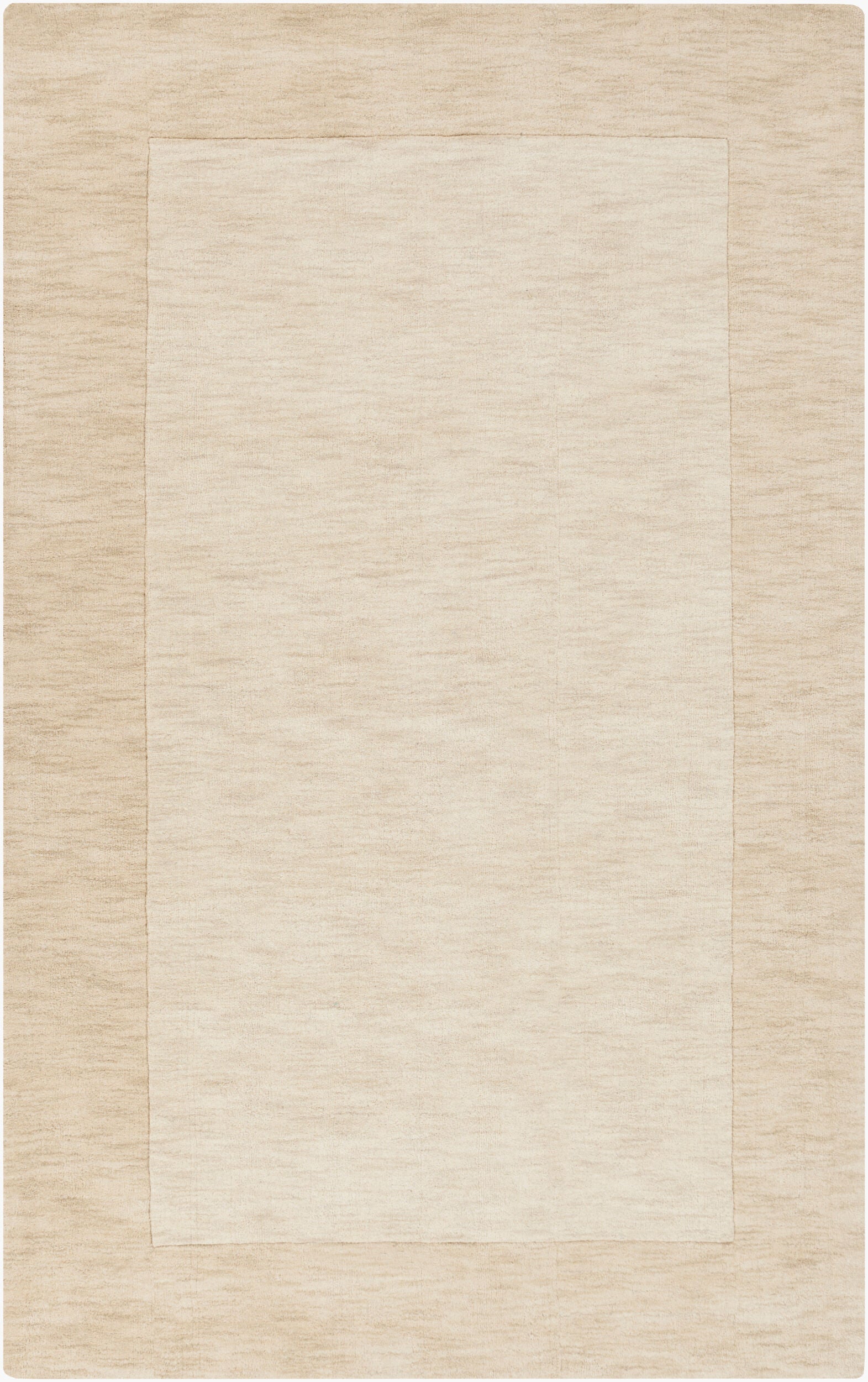 The Subtle Border Ivory Rug, 8' x 11', features a soft wool texture with a minimal solid design, showcasing a lighter ivory center and slightly darker border for understated elegance in any room.